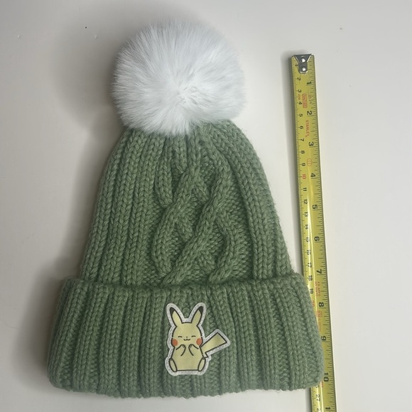 Youth Pokémon Pikachu Green and White Cable Knit Beanie with Pom Pom, Sz. OSFM - Picture 5 of 8